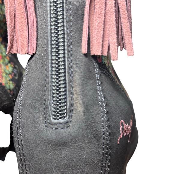 Desigual Suede Wedge Ankle Boots Tassel Zip Embroidered Gray Pink Size US 8.5 - Picture 6 of 8